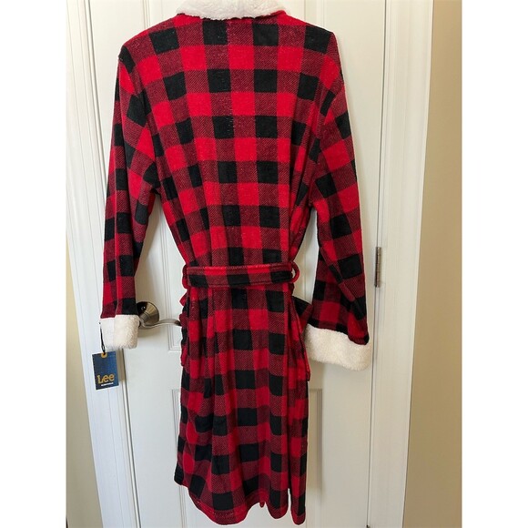 🆕 Lee Robe Mens Size M Red Black Buffalo Plaid Sherpa Lined Belted Long Bathrobe - Picture 3 of 9